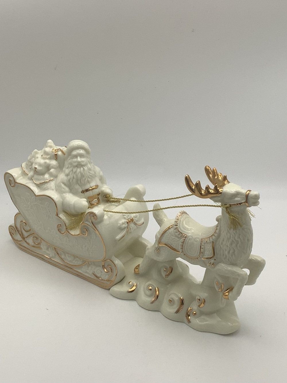 Mikasa Ivory and Gold Porcelain Santa with Sleigh and Reindeer